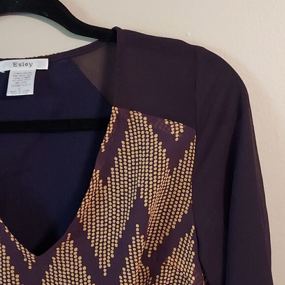 Esley Burgundy and Gold Polka Dot and Chevron Print Dress Small - Picture 3 of 6